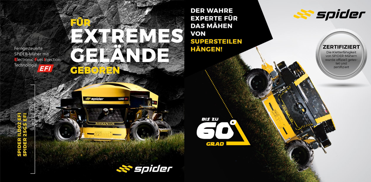 Spider EFI Modelle mähen Flächen bis 8.500 qm pro Stunde und Hänge bis 60°
